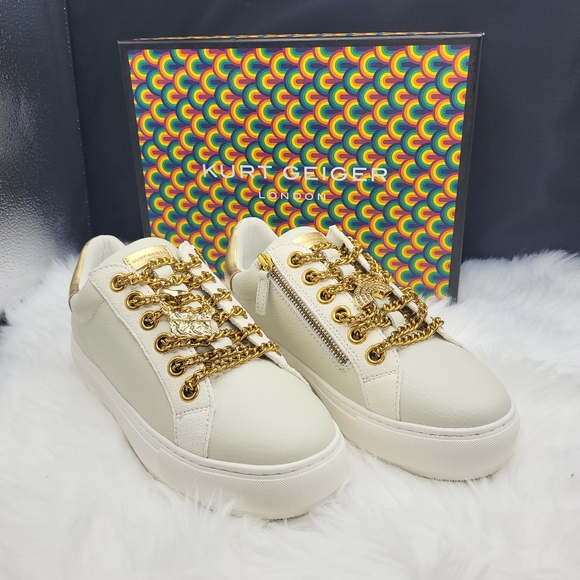 Kurt Geiger Shoes - Kurt Geiger Cream Sneakers with Gold Chains